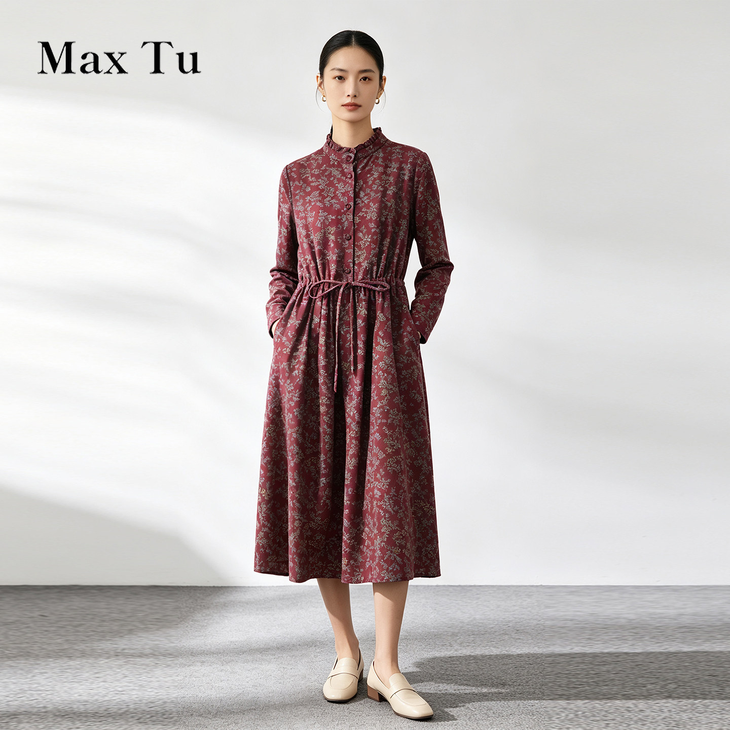 Max Tu女装26秋淑女风碎花宽松全棉连衣裙长袖系带收腰中长款长裙