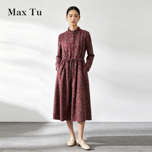 Max Tu女装26秋淑女风碎花宽松全棉连衣裙长袖系带收腰中长款长裙