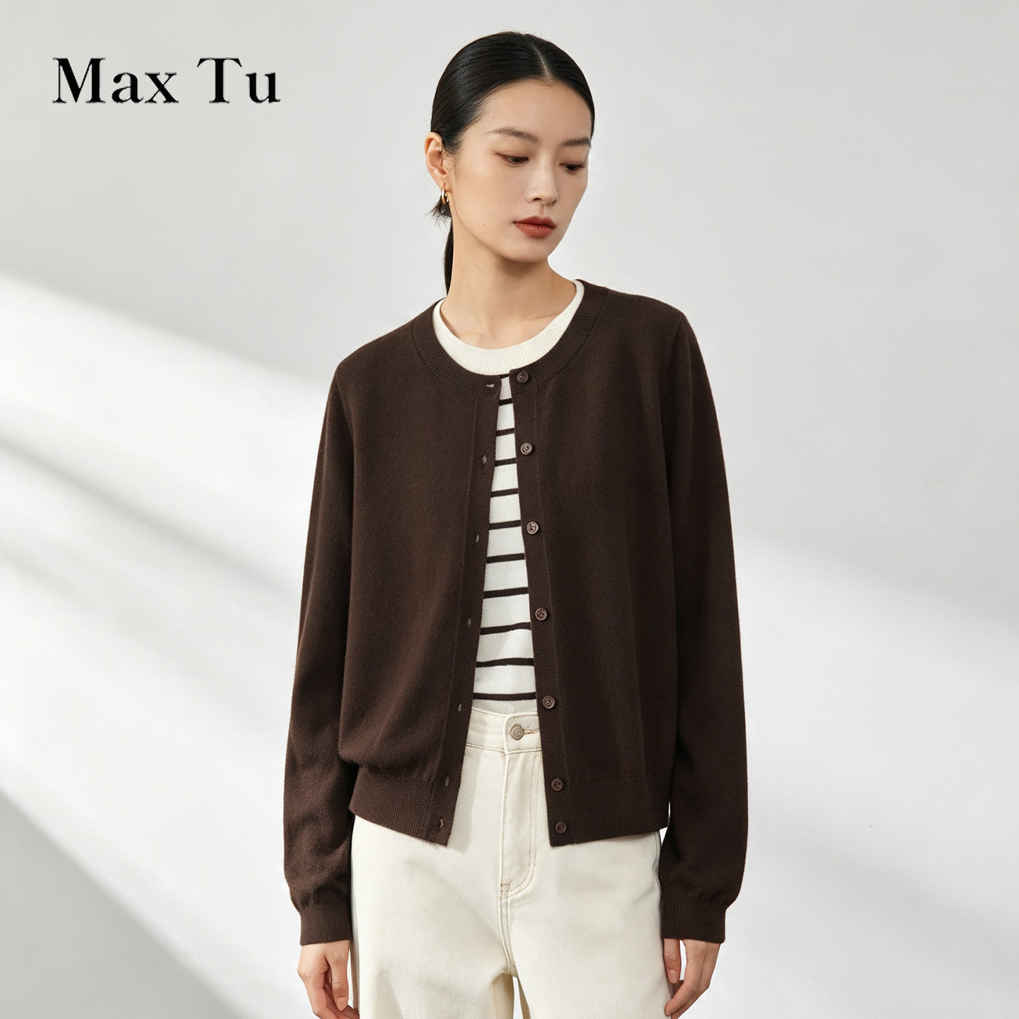Max Tu女装26秋冬绵羊毛针织开衫圆领百搭气质优雅假两件羊毛衫