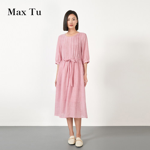 MaxTu遮肚显瘦短袖苎麻连衣裙