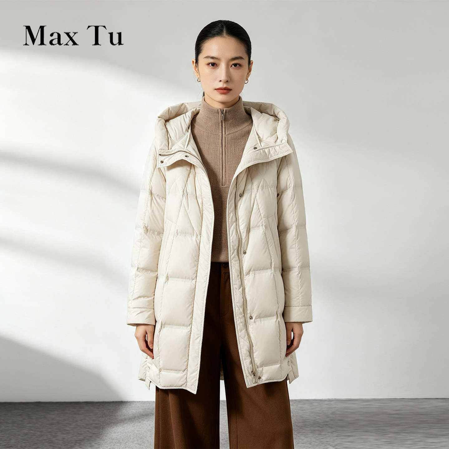 Max Tu女装26冬休闲通勤宽松大码白鸭绒保暖外套中长款连帽羽绒服