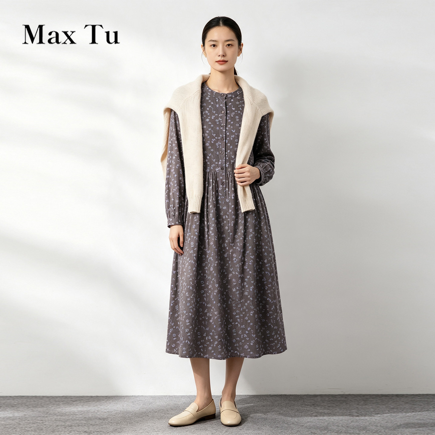 Max Tu女装26春秋法式田园风碎花长袖全棉连衣裙收腰中长裙淑女风