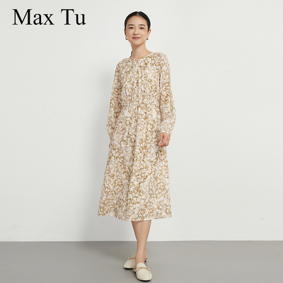 Max Tu女装2025年春秋新款宽松大码收腰碎花中长款长袖雪纺连衣裙