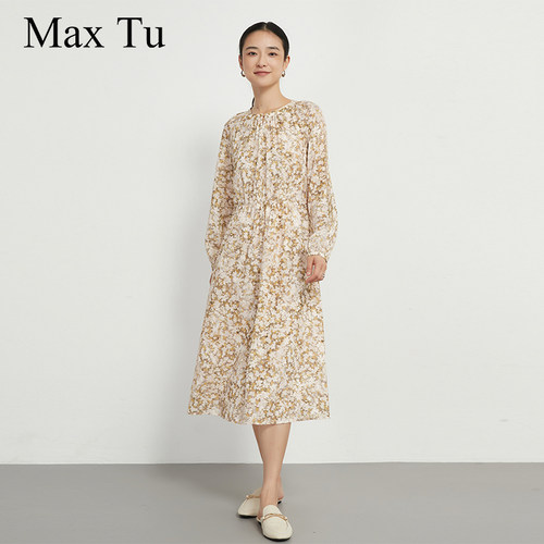 MaxTu春秋中长款长袖雪纺连衣裙