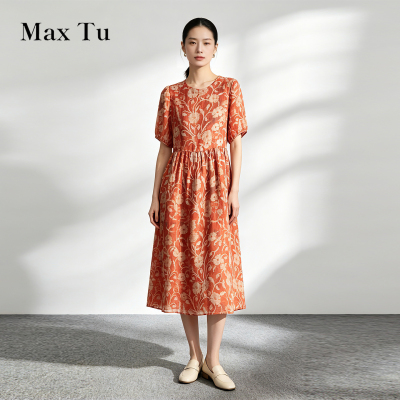 MaxTu苎麻碎花显瘦连衣裙