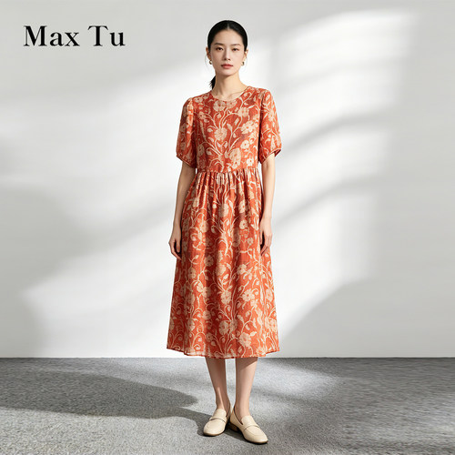 MaxTu苎麻碎花显瘦连衣裙