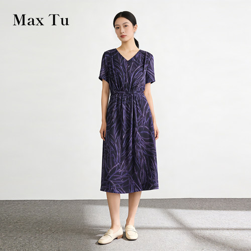 MaxTu桑蚕丝印花收腰连衣裙