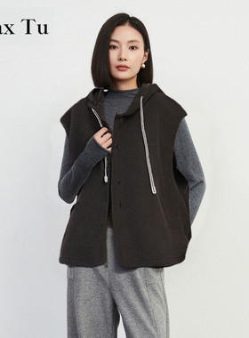 Max Tu女装2024冬新款宽松大码时尚山羊绒毛呢背心连帽双面呢马甲