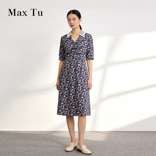 MaxTu修身碎花中袖全棉连衣裙