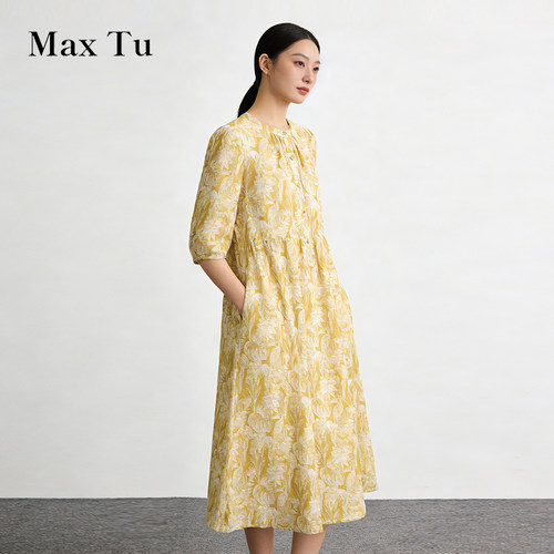 春夏法式印花水洗苎麻连衣裙