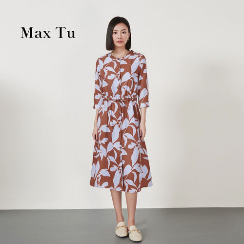 夏季宽松大码收腰全棉中袖连衣裙