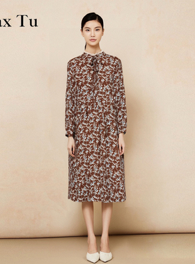 Max Tu女装春秋新款宽松大码收腰显瘦时尚印花长袖连衣裙