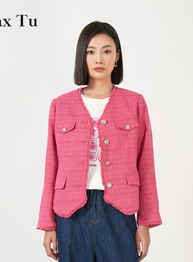 Max Tu女装春秋新款宽松大码休闲红色时尚小香风圆领短外套