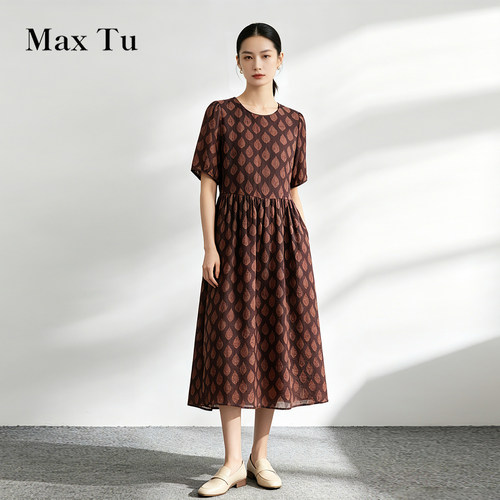 MaxTu苎麻短袖收腰显瘦连衣裙