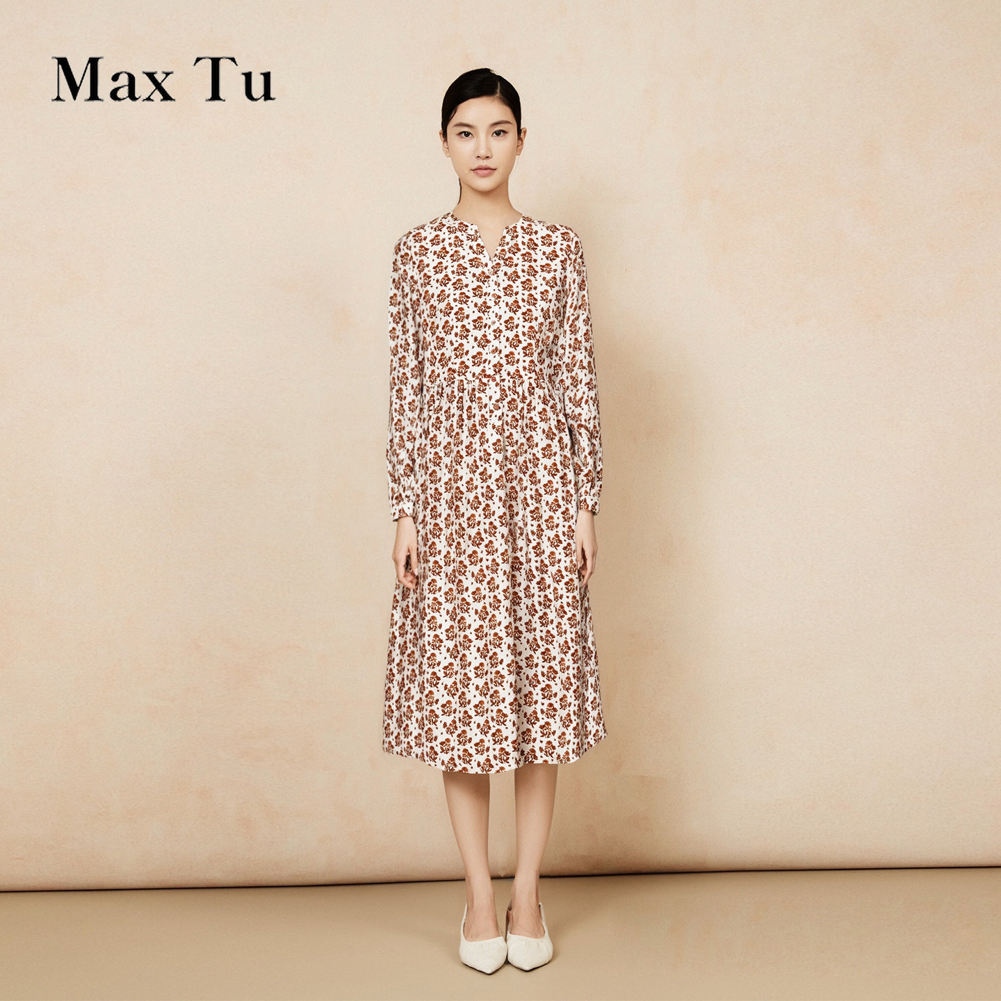 Max Tu女装春秋新款宽松大码收腰显瘦印花全棉长袖连衣裙
