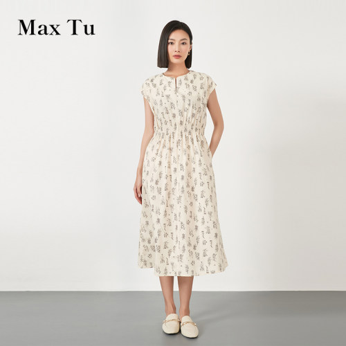 MaxTu碎花圆领全棉披肩袖连衣裙
