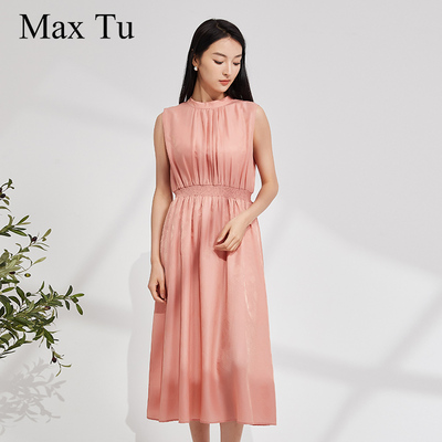 收腰莱赛尔提花无袖连衣裙