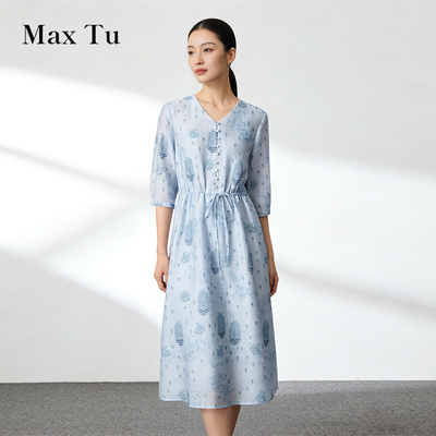 l春夏蓝色五分袖收腰气质优雅裙桑蚕丝亚麻连衣裙