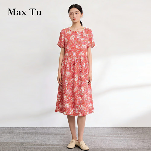 MaxTu夏亚麻碎花显瘦连衣裙