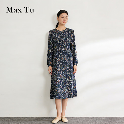 MaxTu春秋显瘦碎花长袖连衣裙