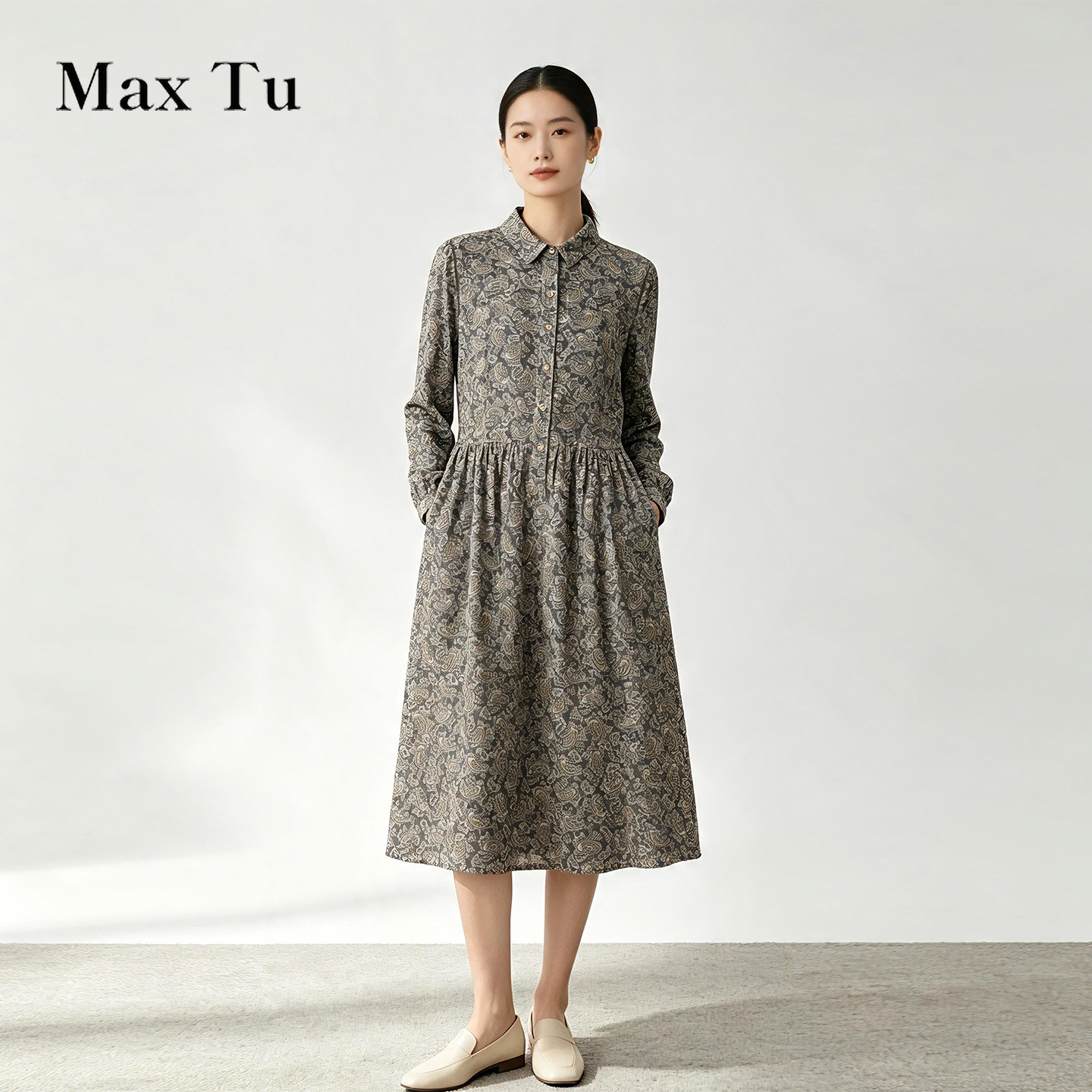 MaxTu全棉印花收腰显瘦连衣裙