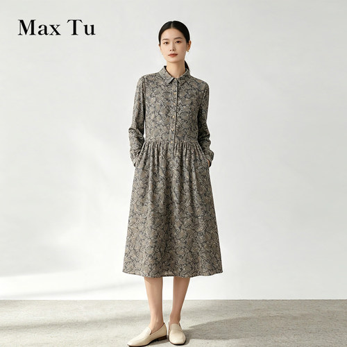 MaxTu全棉印花收腰显瘦连衣裙