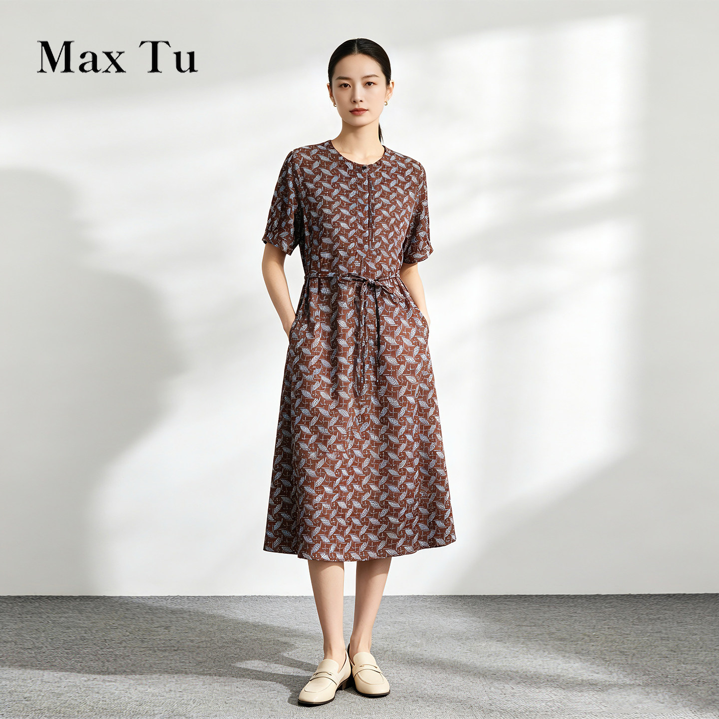 Max Tu女装2026夏复古波点印花全棉连衣裙短袖系带收腰显瘦休闲裙