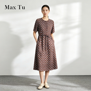 Max Tu女装2026夏复古波点印花全棉连衣裙短袖系带收腰显瘦休闲裙