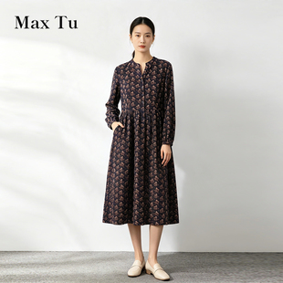 Max Tu女装26秋法式田园风立领碎花全棉连衣裙长袖收腰显瘦复古裙
