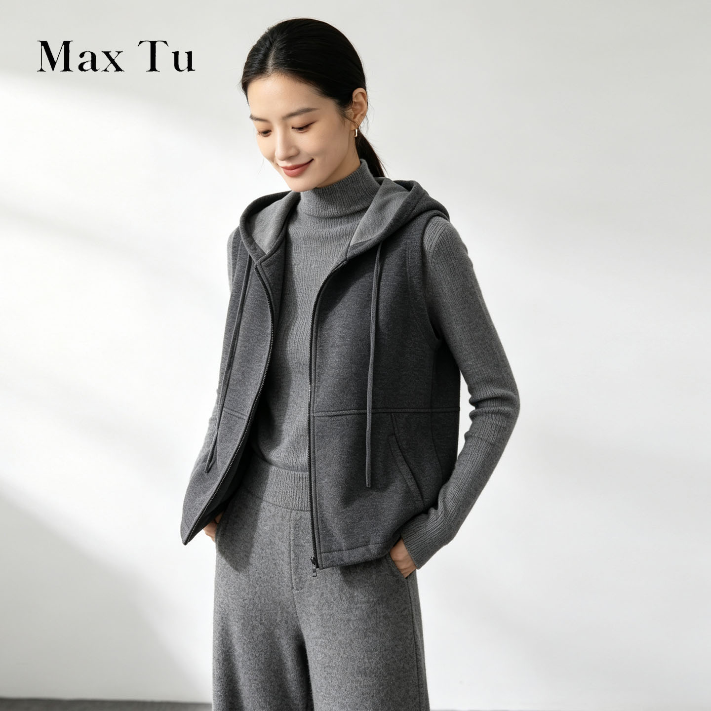 Max Tu女装26秋冬简约羊毛混纺连帽开衫马夹外穿通勤时尚马甲