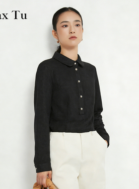 Max Tu女装2026春秋宽松翻领休闲羊毛上衣中式风白色长袖衬衫