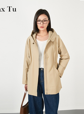 Max Tu女装春秋宽松大码休闲收腰显瘦中长款连帽外套风衣