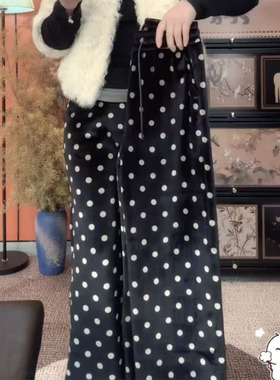 2025欧货韩国小众风格金丝绒黑色波点裤时尚高级百搭气质直筒休闲