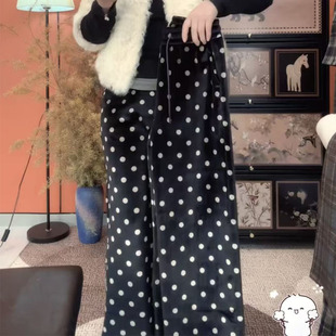 2025欧货韩国小众风格金丝绒黑色波点裤时尚高级百搭气质直筒休闲