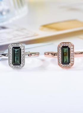 宇彩新品925银镶天然绿碧玺戒指长方形简约时尚可调节活圈包邮