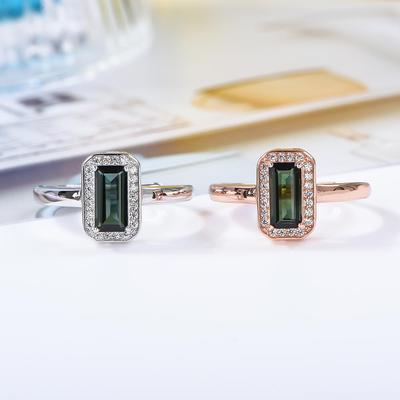 宇彩新品925银镶天然绿碧玺戒指长方形简约时尚可调节活圈包邮