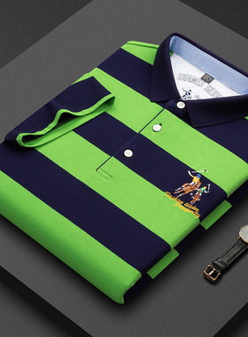 生利发2025夏季新款中年男士纯棉短袖t恤修身商务翻领条纹打底衫