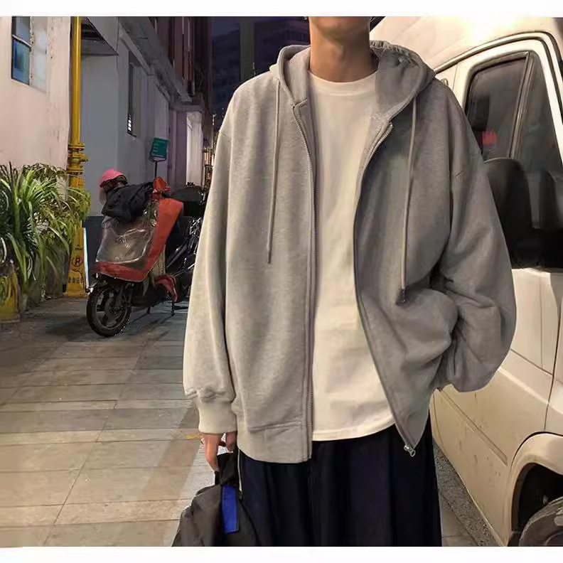 秋冬季港风卫衣男连帽开衫韩版潮流学生加绒外套宽松运动班服