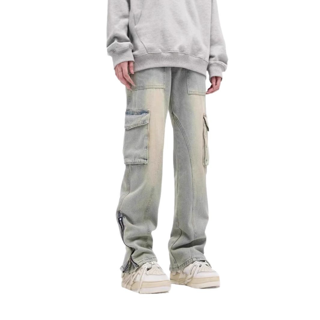 欧美vibe风大口袋工装牛仔裤男宽松直筒裤脚拉链黄泥染高街裤子潮