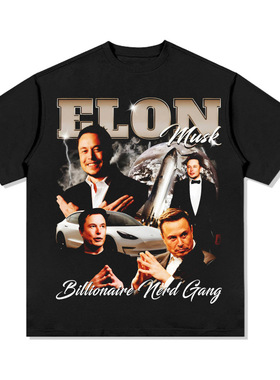 跨境Elon Musk印花短袖T恤Vintage长袖潮宽松百搭小领口重磅潮ins