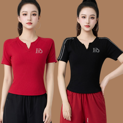 夏季新款V领烫钻广场舞短袖上衣杨丽萍健身操服装运动跳舞衣服女