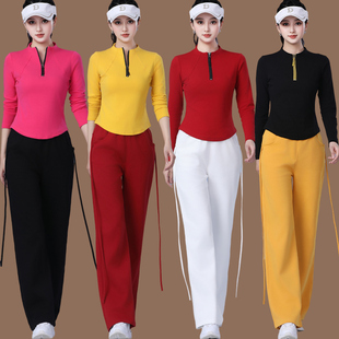 春秋新款曳步舞服装广场舞运动套装跳舞跳操纯棉飘带阔腿裤女