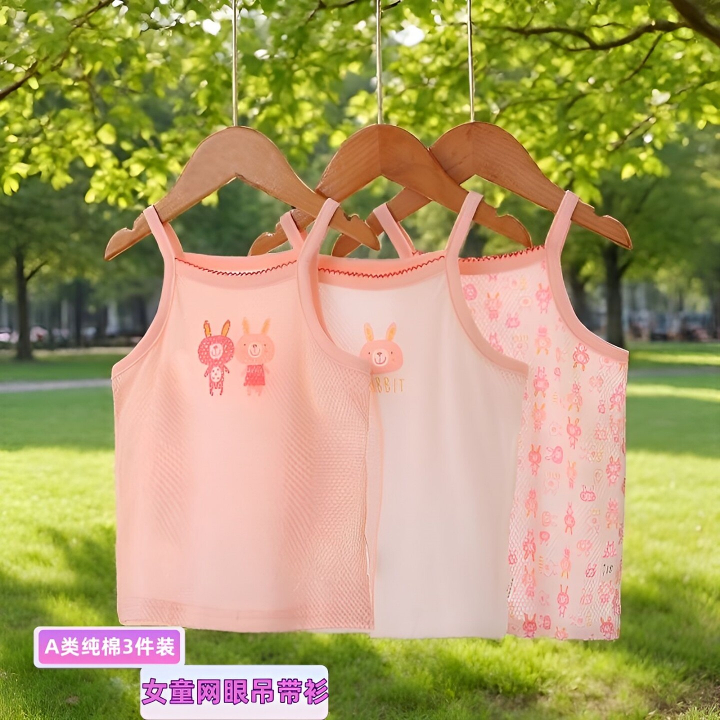 3件装网眼吊带夏季薄款透气吊带背心女童宝宝纯棉印花a类打底内衣