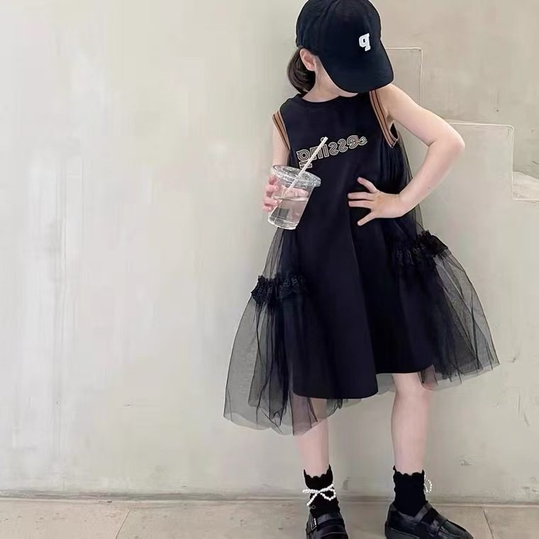 女童夏季网纱连衣裙2025新款儿童洋气拼接T恤裙女大童夏装蛋糕裙t