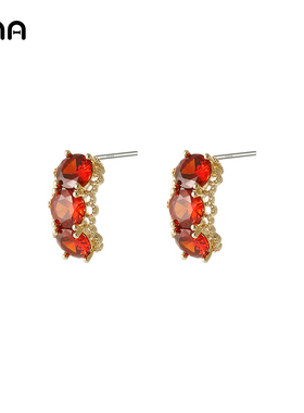 ona红色锆石耳环女轻奢气质高级感耳钉耳坠2025新款爆款精致耳饰