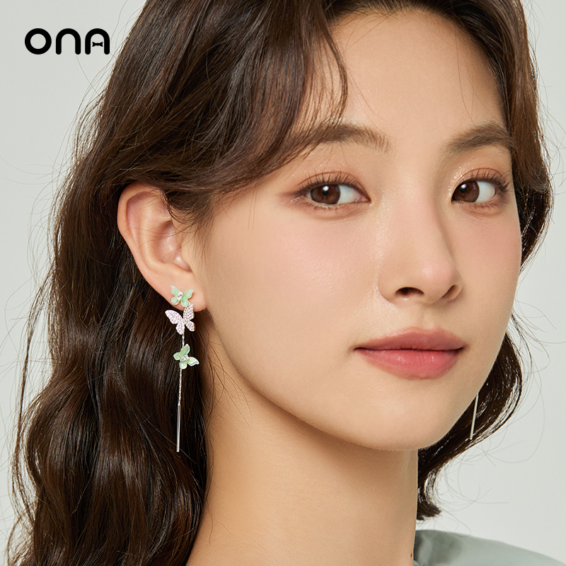 ona绿色蝴蝶流苏长款耳环女小众设计高级感耳坠甜美气质超仙耳饰