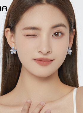 ona蓝色水晶花朵耳环女小清新春夏设计感耳坠925银针甜美潮耳饰品