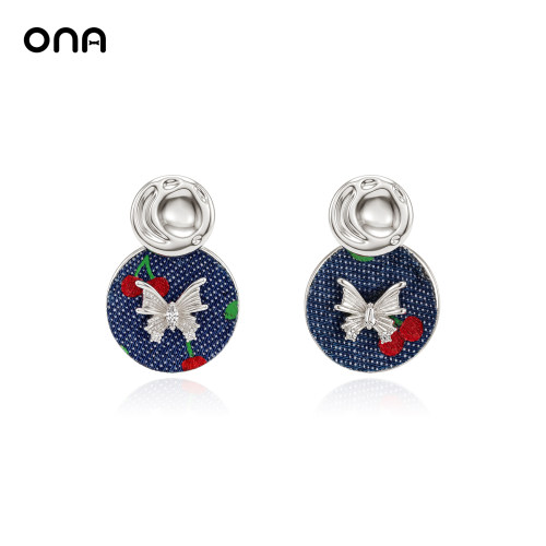 ona梦蝶波点牛仔布艺耳环女