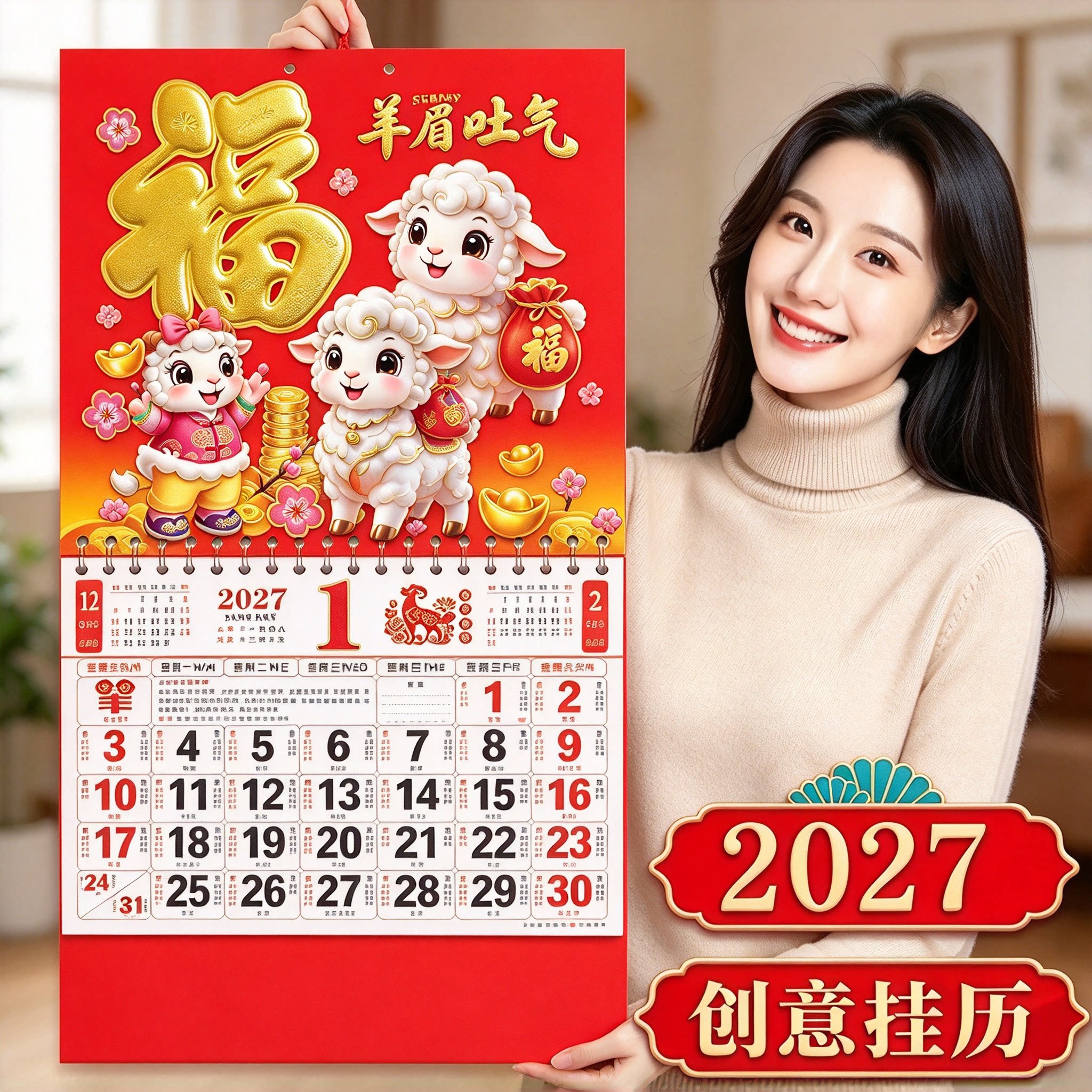 2027羊年新款家用挂墙中国风羊年月历手撕日历大号创意金箔万年历