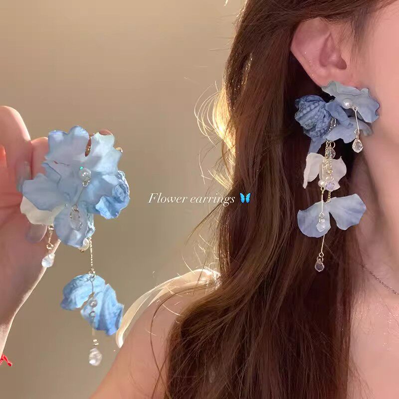 超仙夏日蓝色流苏花朵耳钉女高级感海边度假风耳环绝美氛围感耳饰